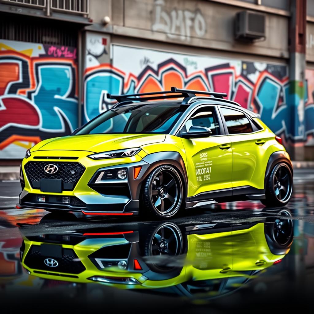 A visually striking 2020 Hyundai Kona, expertly lowered, showcasing a vibrant lime green exterior