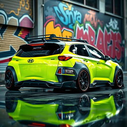 A visually striking 2020 Hyundai Kona, expertly lowered, showcasing a vibrant lime green exterior
