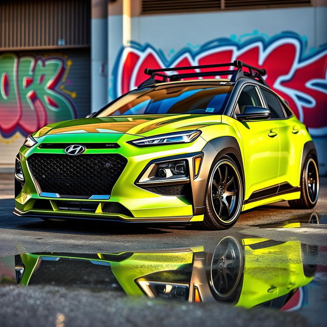 A visually striking 2020 Hyundai Kona, expertly lowered, showcasing a vibrant lime green exterior