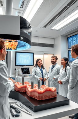A futuristic dental clinic showcasing 3D bioprinting technology in periodontics