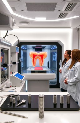 A futuristic dental clinic showcasing 3D bioprinting technology in periodontics