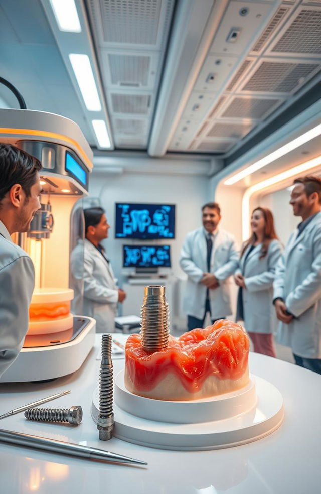 A futuristic dental clinic showcasing 3D bioprinting technology in periodontics