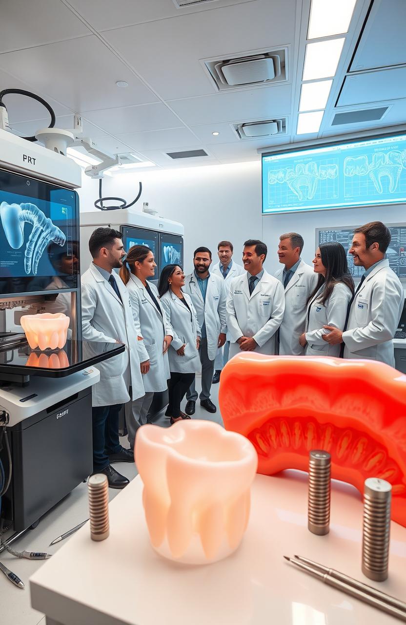 A futuristic dental clinic showcasing 3D bioprinting technology in periodontics