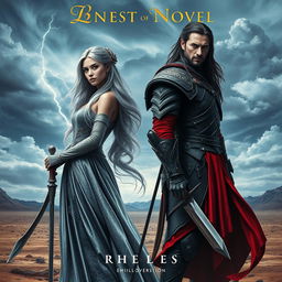 A captivating novel cover that features two characters standing back-to-back on a desolate landscape