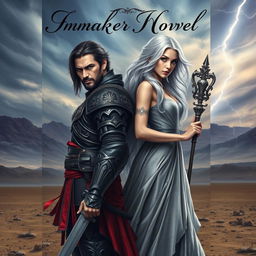 A captivating novel cover that features two characters standing back-to-back on a desolate landscape