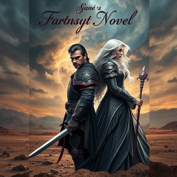 A captivating novel cover that features two characters standing back-to-back on a desolate landscape