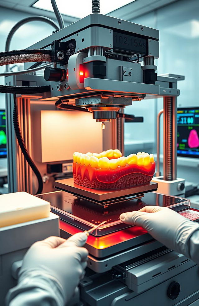 A detailed 3D bioprinting scene focused on periodontics, showcasing intricate bioprinter machinery at work in a dental laboratory