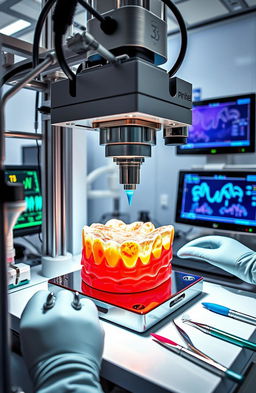 A detailed 3D bioprinting scene focused on periodontics, showcasing intricate bioprinter machinery at work in a dental laboratory