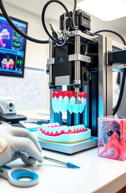 A detailed 3D bioprinting scene focused on periodontics, showcasing intricate bioprinter machinery at work in a dental laboratory