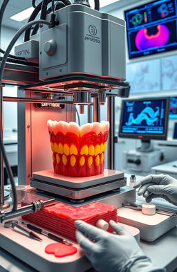 A detailed 3D bioprinting scene focused on periodontics, showcasing intricate bioprinter machinery at work in a dental laboratory