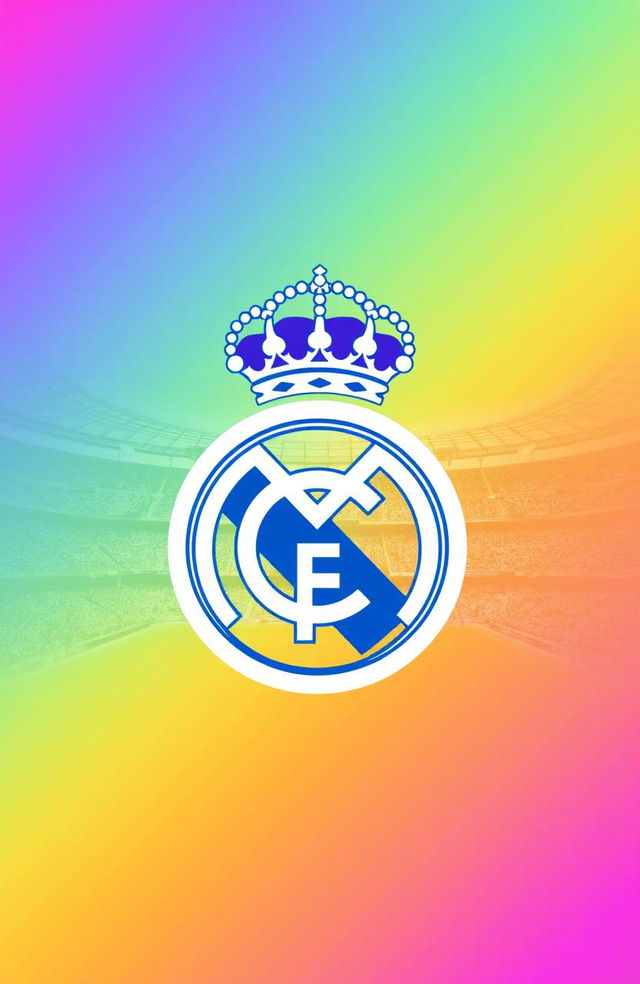 A gradient background combining the colors of the Real Madrid logo, with the club's logo prominently displayed in the center