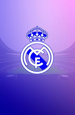 A gradient background combining the colors of the Real Madrid logo, with the club's logo prominently displayed in the center