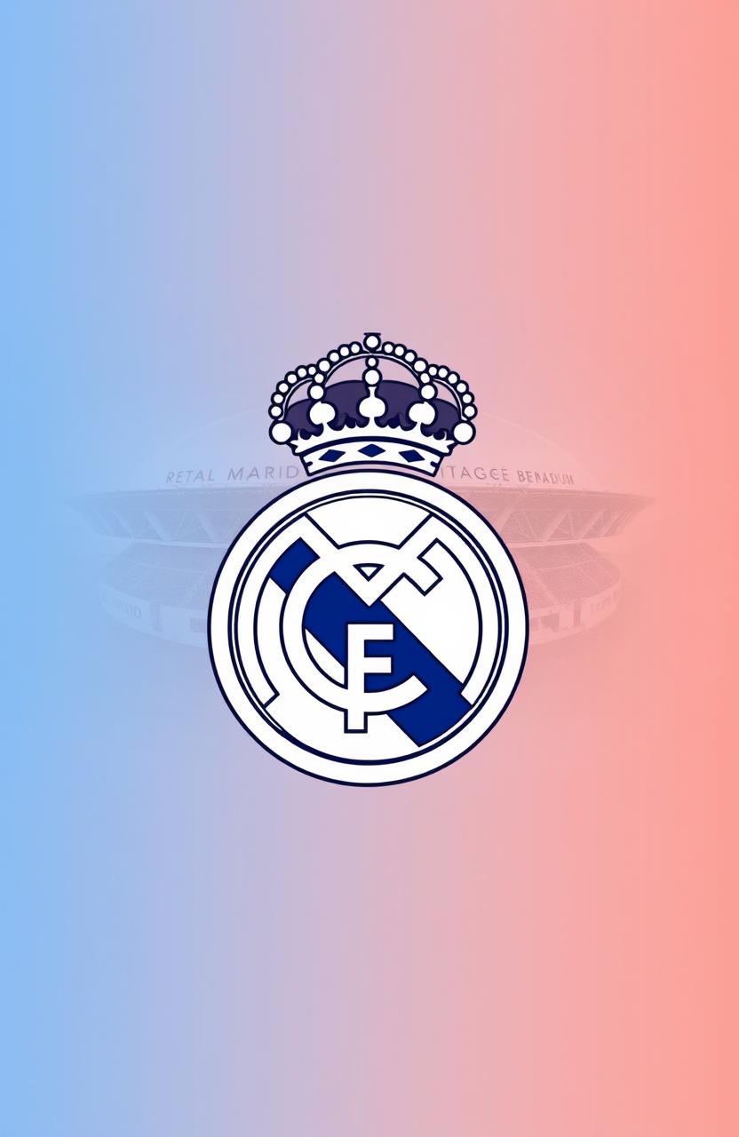 A gradient background combining the colors of the Real Madrid logo, with the club's logo prominently displayed in the center