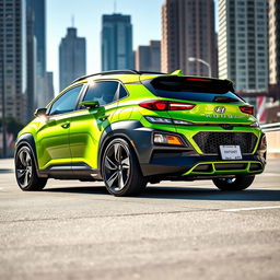 A lowered 2020 lime green Hyundai Kona featuring a widebody kit with prominent black fenders