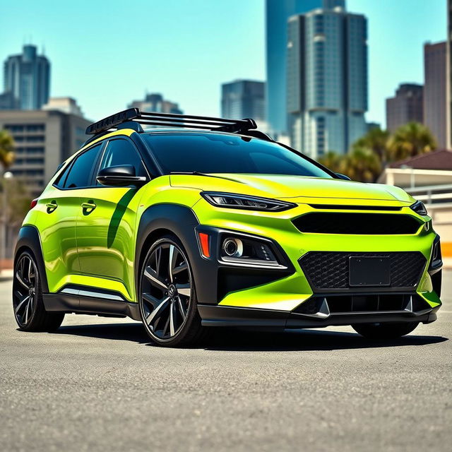 A lowered 2020 lime green Hyundai Kona featuring a widebody kit with prominent black fenders