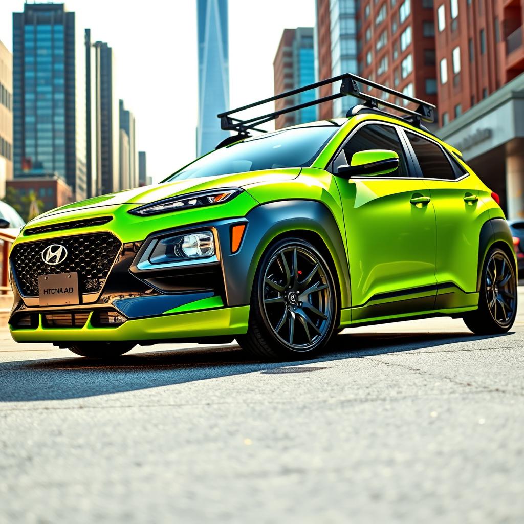 A lowered 2020 lime green Hyundai Kona featuring a widebody kit with prominent black fenders