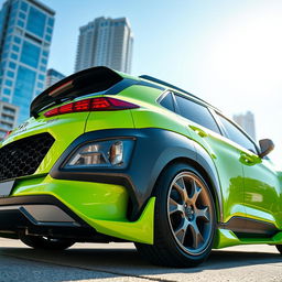 A lowered 2020 lime green Hyundai Kona featuring a widebody kit with prominent black fenders