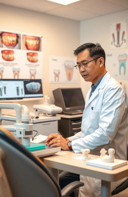 A detailed scene showcasing the innovative use of 3D printing in periodontics, featuring a dental clinic with modern equipment