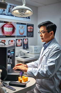 A detailed scene showcasing the innovative use of 3D printing in periodontics, featuring a dental clinic with modern equipment