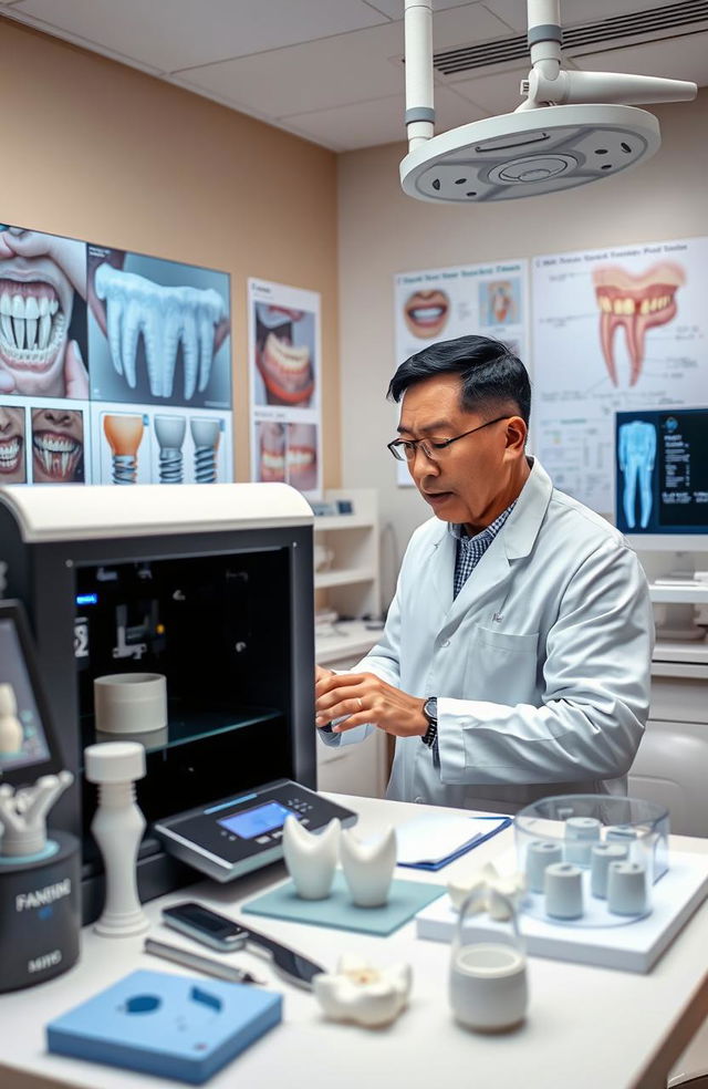 A detailed scene showcasing the innovative use of 3D printing in periodontics, featuring a dental clinic with modern equipment