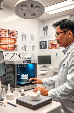 A detailed scene showcasing the innovative use of 3D printing in periodontics, featuring a dental clinic with modern equipment