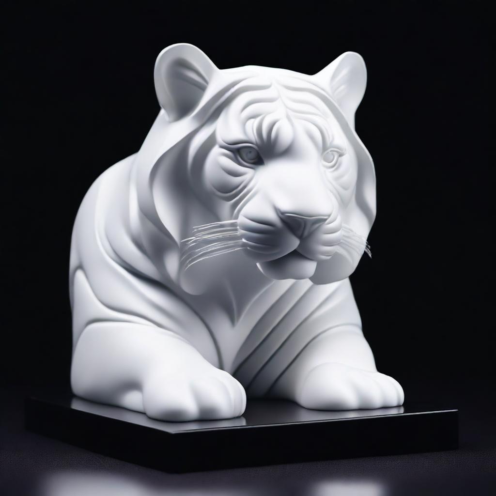 Generate an image of an ethereal white tiger, its form meticulously sculpted from dazzling clear crystal