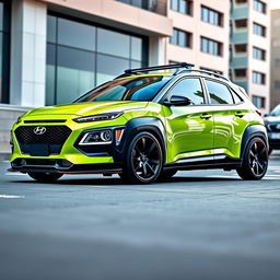 A lowered 2020 Hyundai Kona in a vibrant lime green color, featuring a widebody kit that enhances its sporty appearance