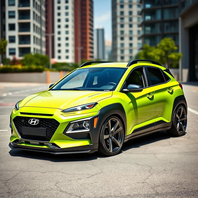 A lowered 2020 Hyundai Kona in a vibrant lime green color, featuring a widebody kit that enhances its sporty appearance