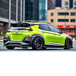 A lowered 2020 Hyundai Kona in a vibrant lime green color, featuring a widebody kit that enhances its sporty appearance