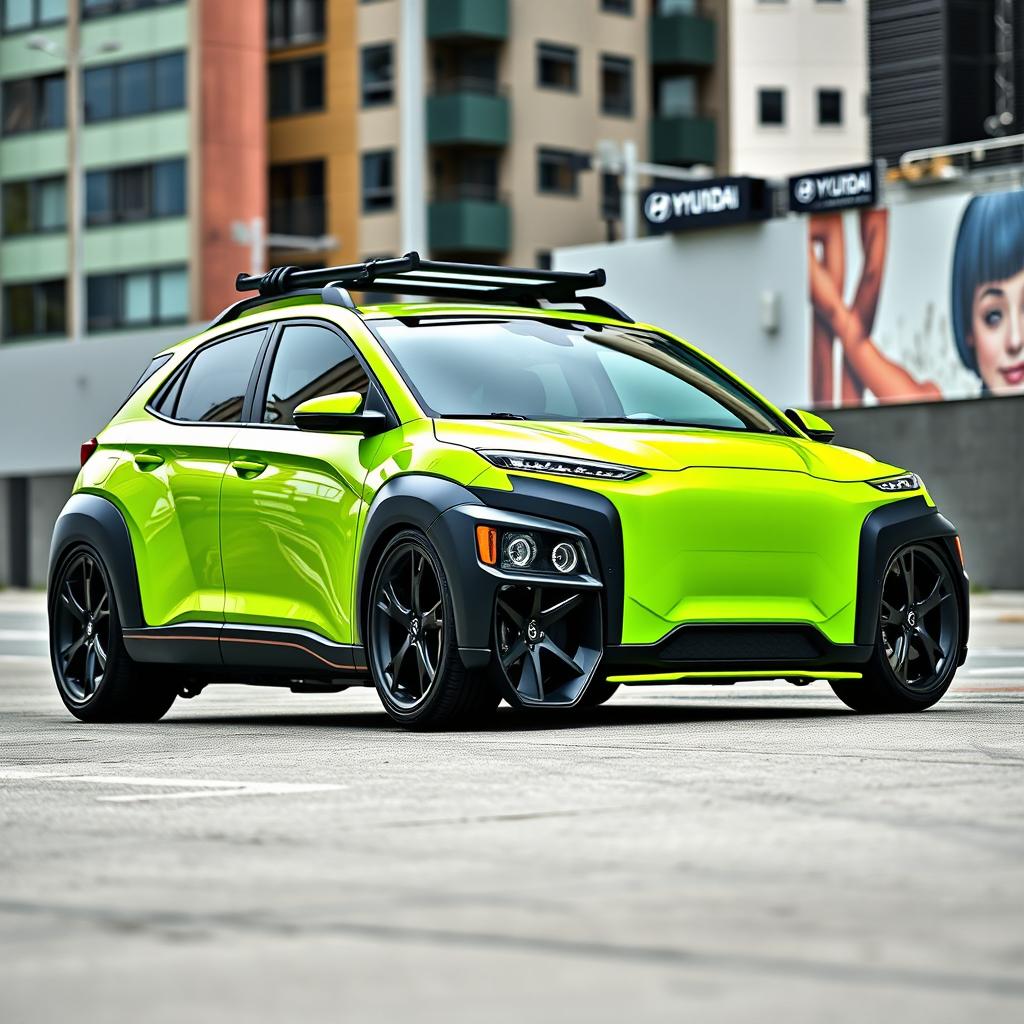 A lowered 2020 Hyundai Kona in a vibrant lime green color, featuring a widebody kit that enhances its sporty appearance