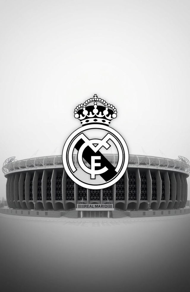 A beautiful gradient background transitioning from white to gray, featuring the Real Madrid logo prominently in the center