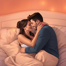 A passionate and intimate scene of a young couple embracing each other in a romantic bedroom setting