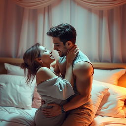 A passionate and intimate scene of a young couple embracing each other in a romantic bedroom setting