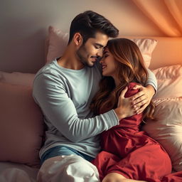 A passionate and intimate scene of a young couple embracing each other in a romantic bedroom setting