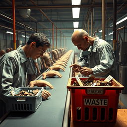 A thought-provoking scene depicting a surreal religious-themed production line within a factory setting