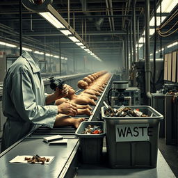 A thought-provoking scene depicting a surreal religious-themed production line within a factory setting