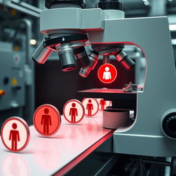 An intriguing factory production line scene featuring human symbols represented as icons within circles