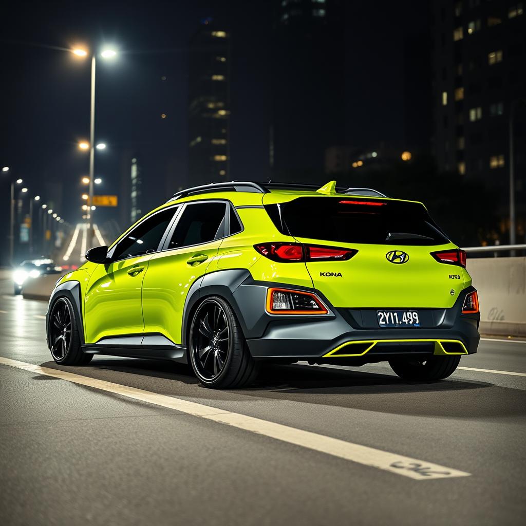 A lowered 2020 Hyundai Kona in a vibrant lime green color, featuring a widebody kit and striking black fenders, positioned on a highway through a dark city at night