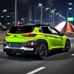 A lowered 2020 Hyundai Kona in a vibrant lime green color, featuring a widebody kit and striking black fenders, positioned on a highway through a dark city at night