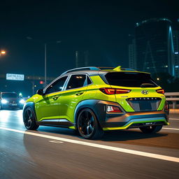 A lowered 2020 Hyundai Kona in a vibrant lime green color, featuring a widebody kit and striking black fenders, positioned on a highway through a dark city at night