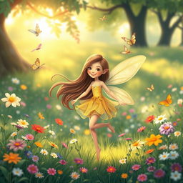 A whimsical, dreamy landscape featuring a playful fairy with delicate wings, surrounded by colorful flowers and butterflies