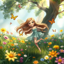 A whimsical, dreamy landscape featuring a playful fairy with delicate wings, surrounded by colorful flowers and butterflies