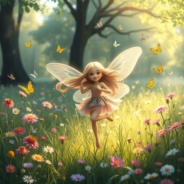 A whimsical, dreamy landscape featuring a playful fairy with delicate wings, surrounded by colorful flowers and butterflies