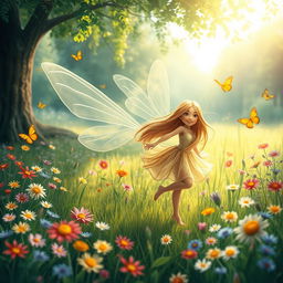 A whimsical, dreamy landscape featuring a playful fairy with delicate wings, surrounded by colorful flowers and butterflies