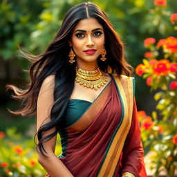 A stunning Indian woman with long, flowing black hair and captivating dark eyes, dressed in elegant, form-fitting traditional attire that highlights her curves, adorned with intricate gold jewelry
