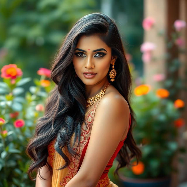 A stunning Indian woman with long, flowing black hair and captivating dark eyes, dressed in elegant, form-fitting traditional attire that highlights her curves, adorned with intricate gold jewelry