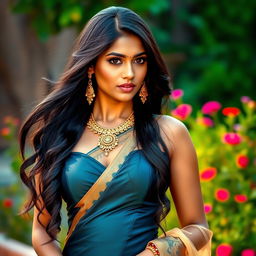 A stunning Indian woman with long, flowing black hair and captivating dark eyes, dressed in elegant, form-fitting traditional attire that highlights her curves, adorned with intricate gold jewelry
