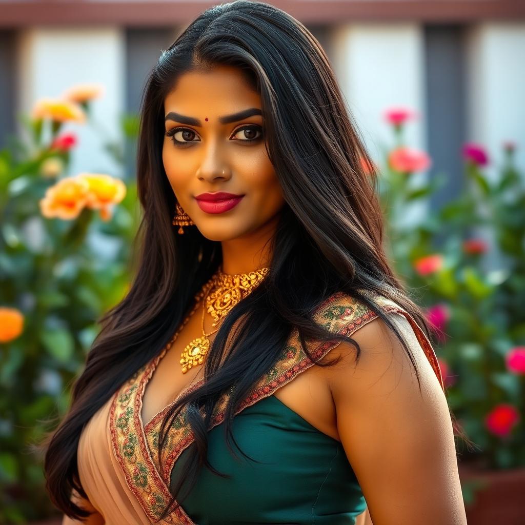 A stunning Indian woman with long, flowing black hair and captivating dark eyes, dressed in elegant, form-fitting traditional attire that highlights her curves, adorned with intricate gold jewelry