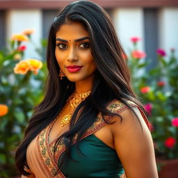 A stunning Indian woman with long, flowing black hair and captivating dark eyes, dressed in elegant, form-fitting traditional attire that highlights her curves, adorned with intricate gold jewelry