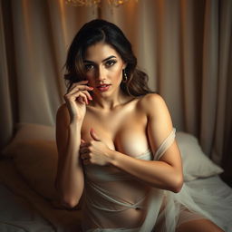 A seductive, elegantly posed adult model in a luxurious and intimate setting, draped in sheer fabric that hints at the contours of her body